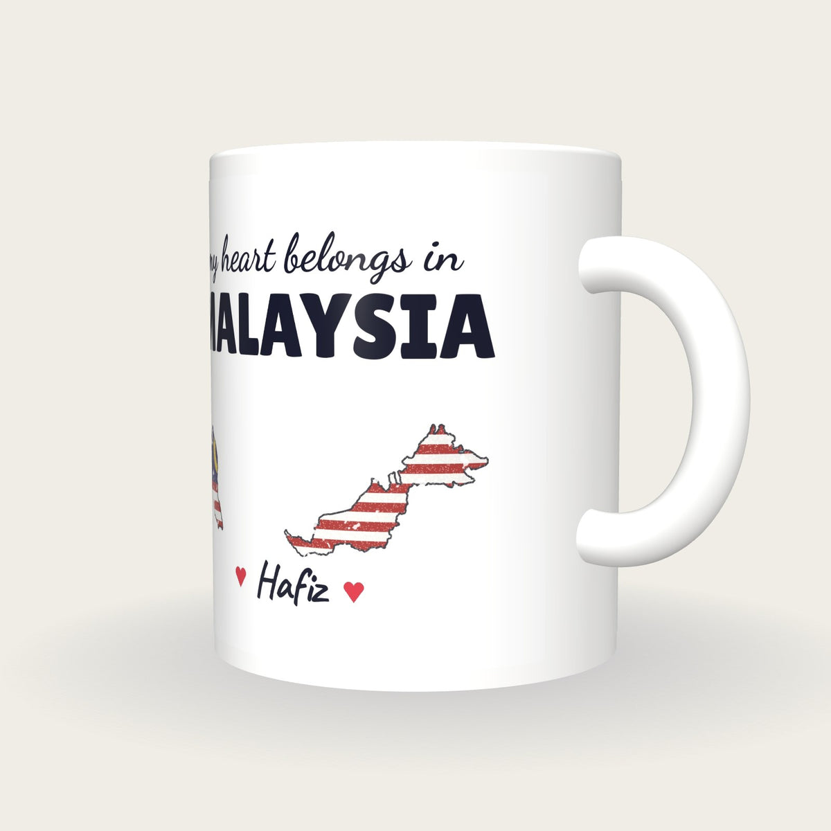 Personalised Malaysia Map Mug, My Heart Belongs In Malaysia, three-quarter view