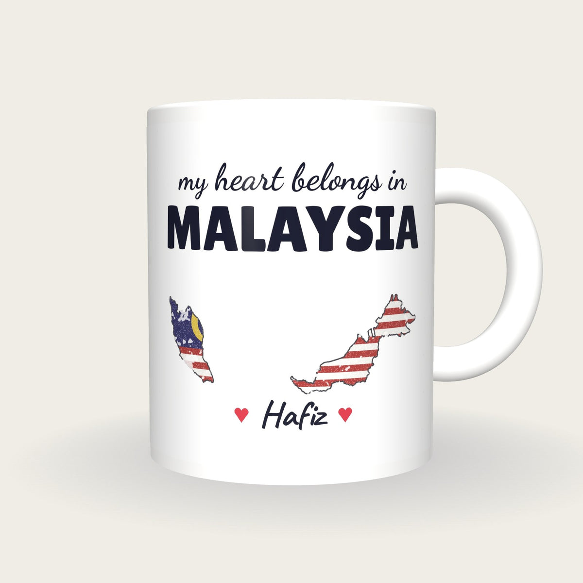 Personalised Malaysia Map Mug, My Heart Belongs In Malaysia, front