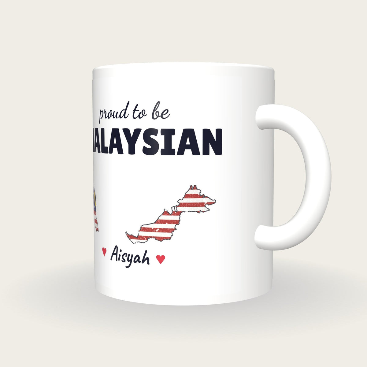 Personalised Malaysia Map Mug, Proud To Be Malaysian, three-quarter view