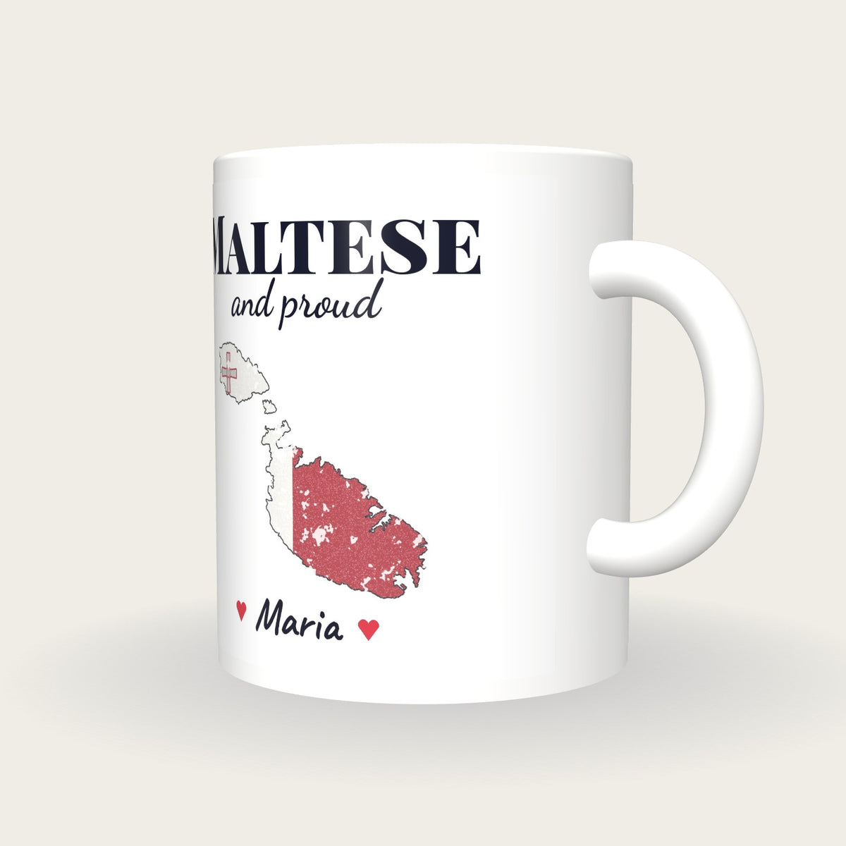 Personalised Malta Map Mug, Maltese And Proud, three-quarter view