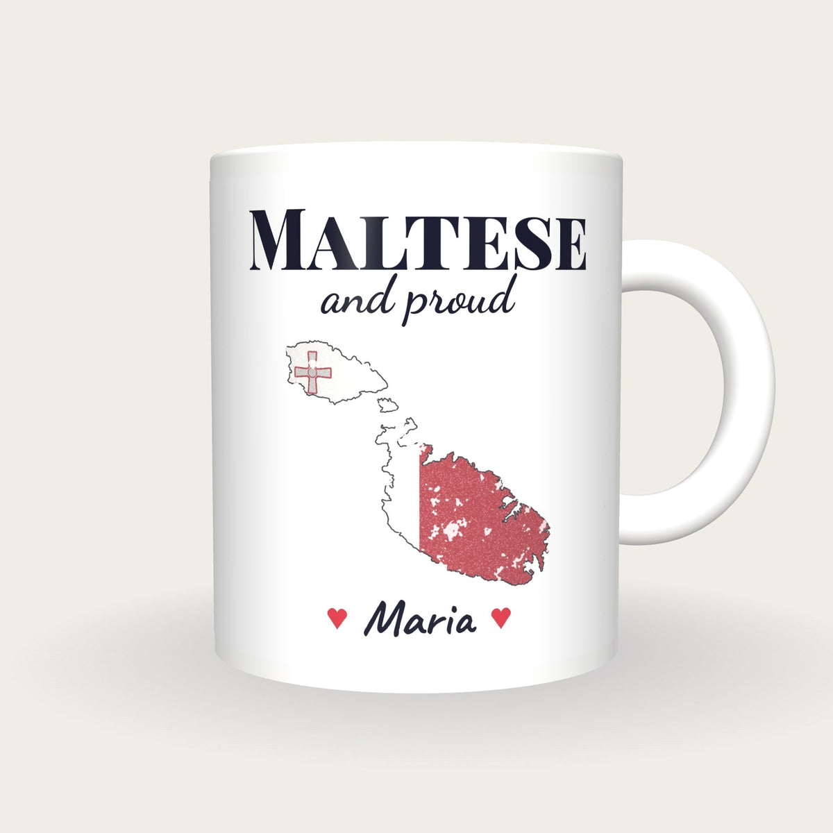 Personalised Malta Map Mug, Maltese And Proud, front