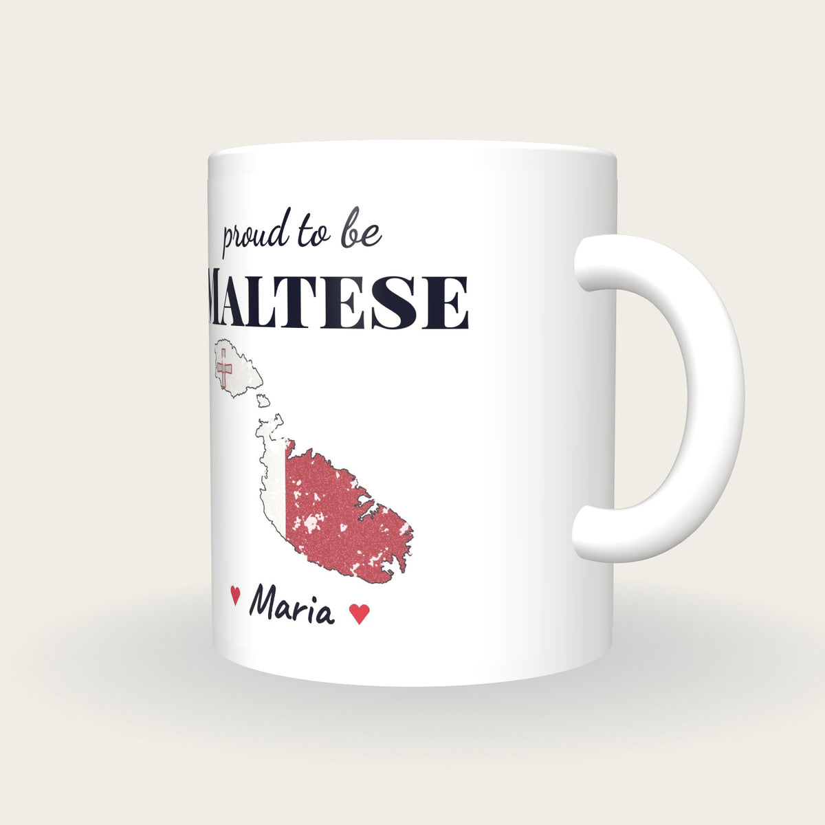 Personalised Malta Map Mug, Proud To Be Maltese, three-quarter view
