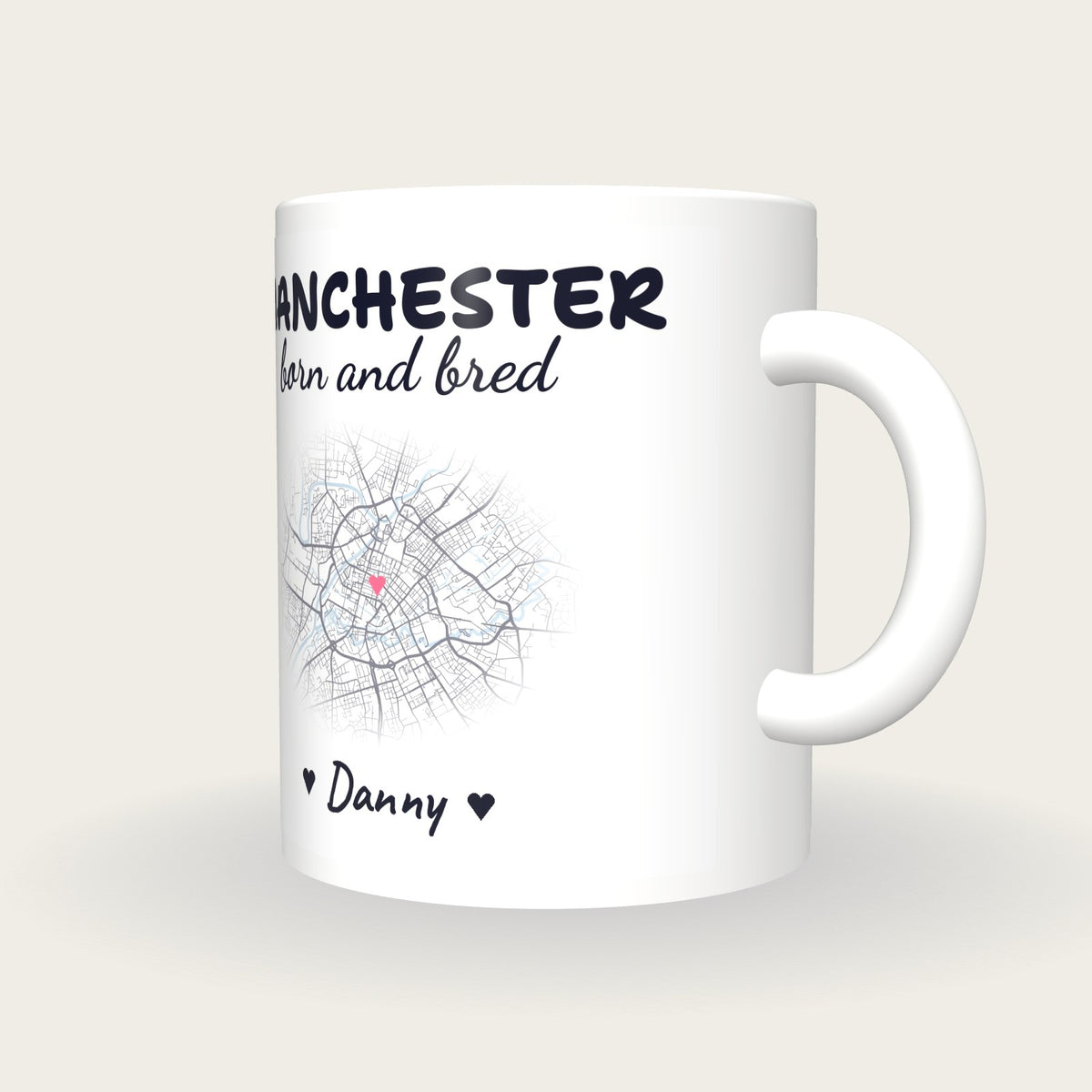 Personalised Manchester Map Mug, Manchester Born And Bred, three-quarter view