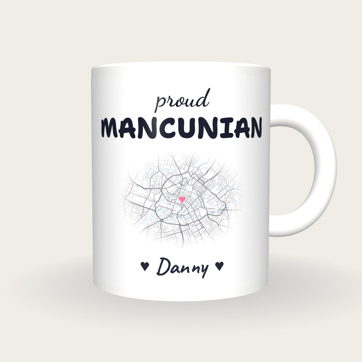 Personalised Manchester Map Mug, Proud Mancunian, front