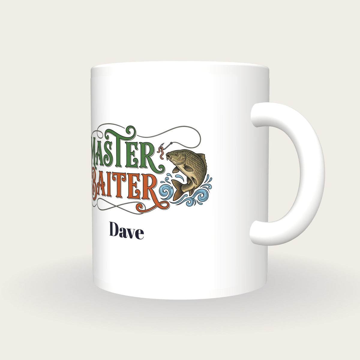 Personalised Master Baiter Fishing Mug, three-quarter view
