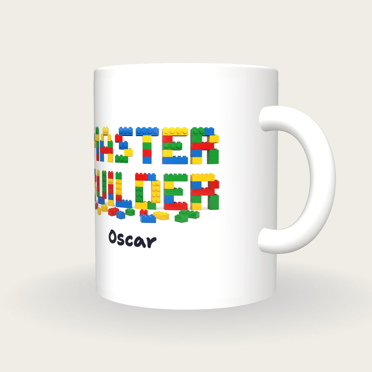 Personalised Master Builder Brick Mug, three-quarter view