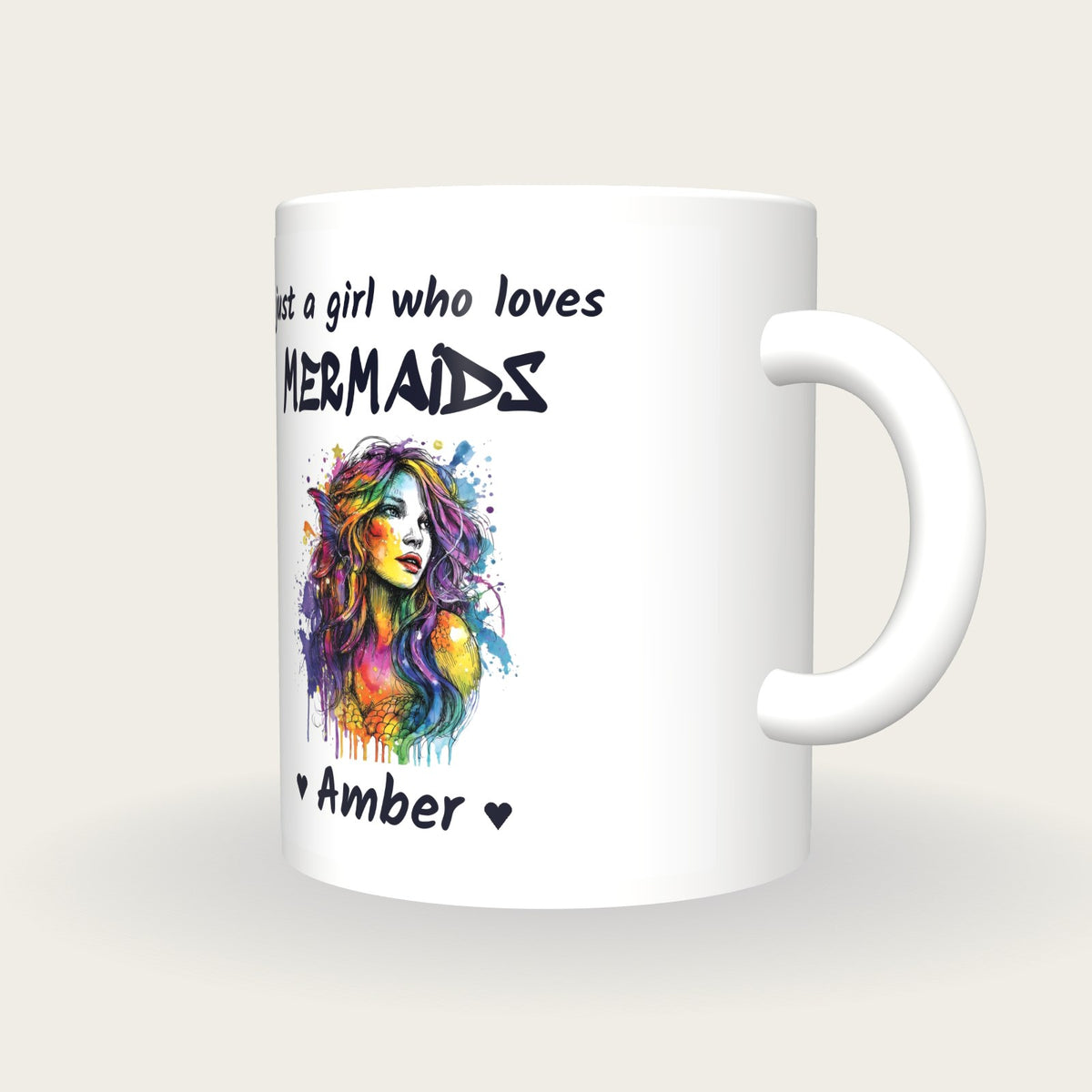 Personalised Mermaid Mug, Just A Girl Who Loves Mermaids, three-quarter view