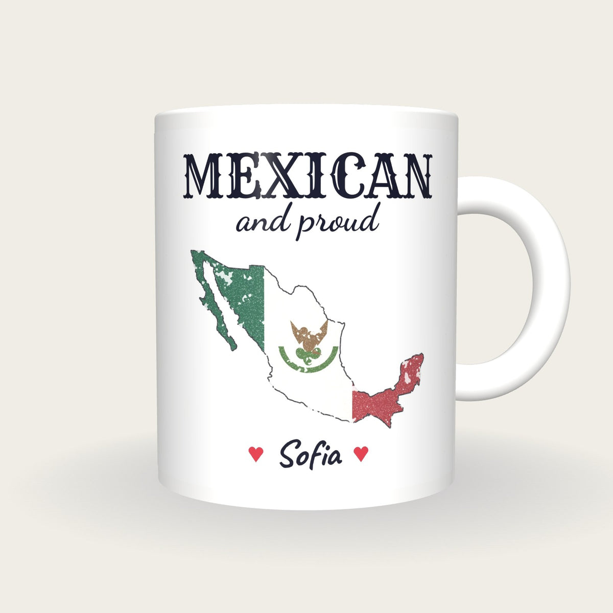 Personalised Mexico Map Mug, Mexican And Proud, front