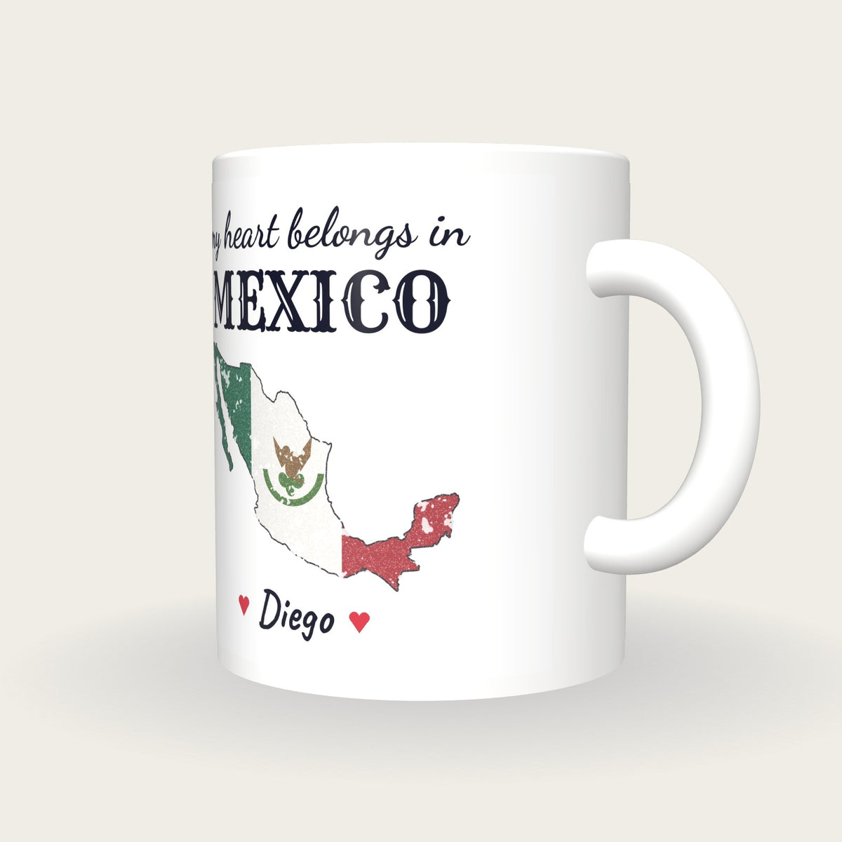Personalised Mexico Map Mug, My Heart Belongs In Mexico, three-quarter view
