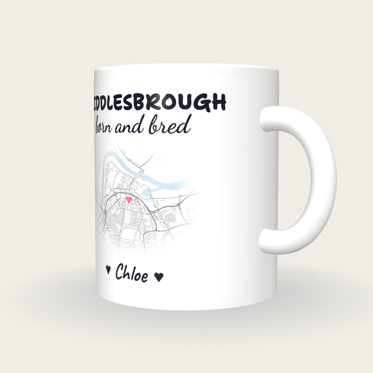 Personalised Middlesbrough Map Mug, Middlesbrough Born And Bred, three-quarter view