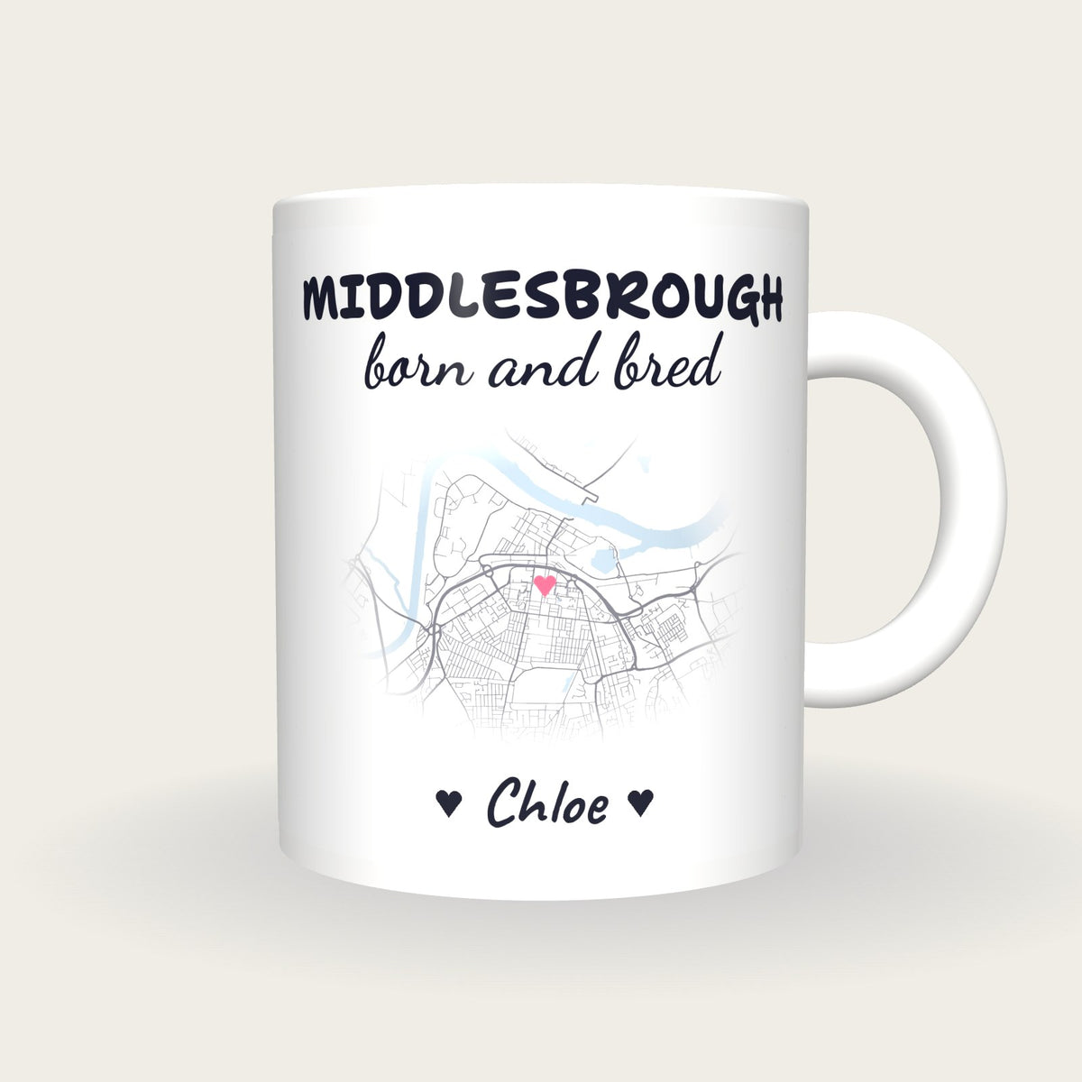 Personalised Middlesbrough Map Mug, Middlesbrough Born And Bred, front