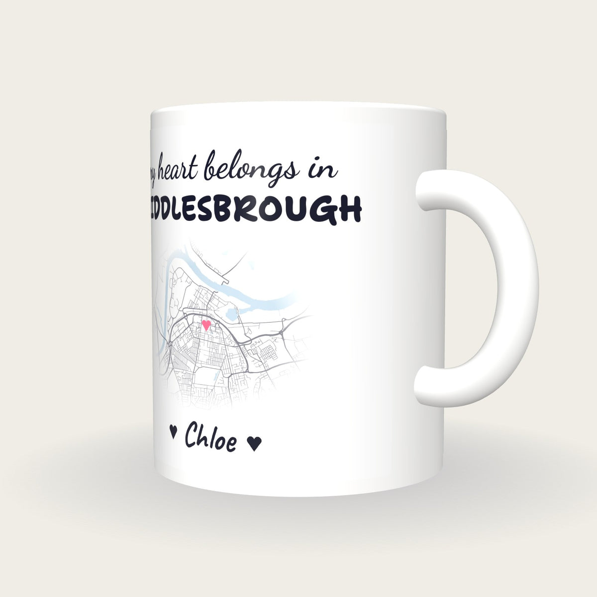 Personalised Middlesbrough Map Mug, My Heart Belongs In Middlesbrough, three-quarter view
