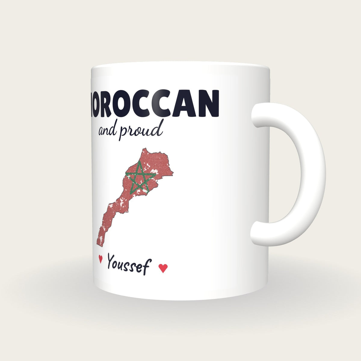 Personalised Morocco Map Mug, Moroccan And Proud, three-quarter view