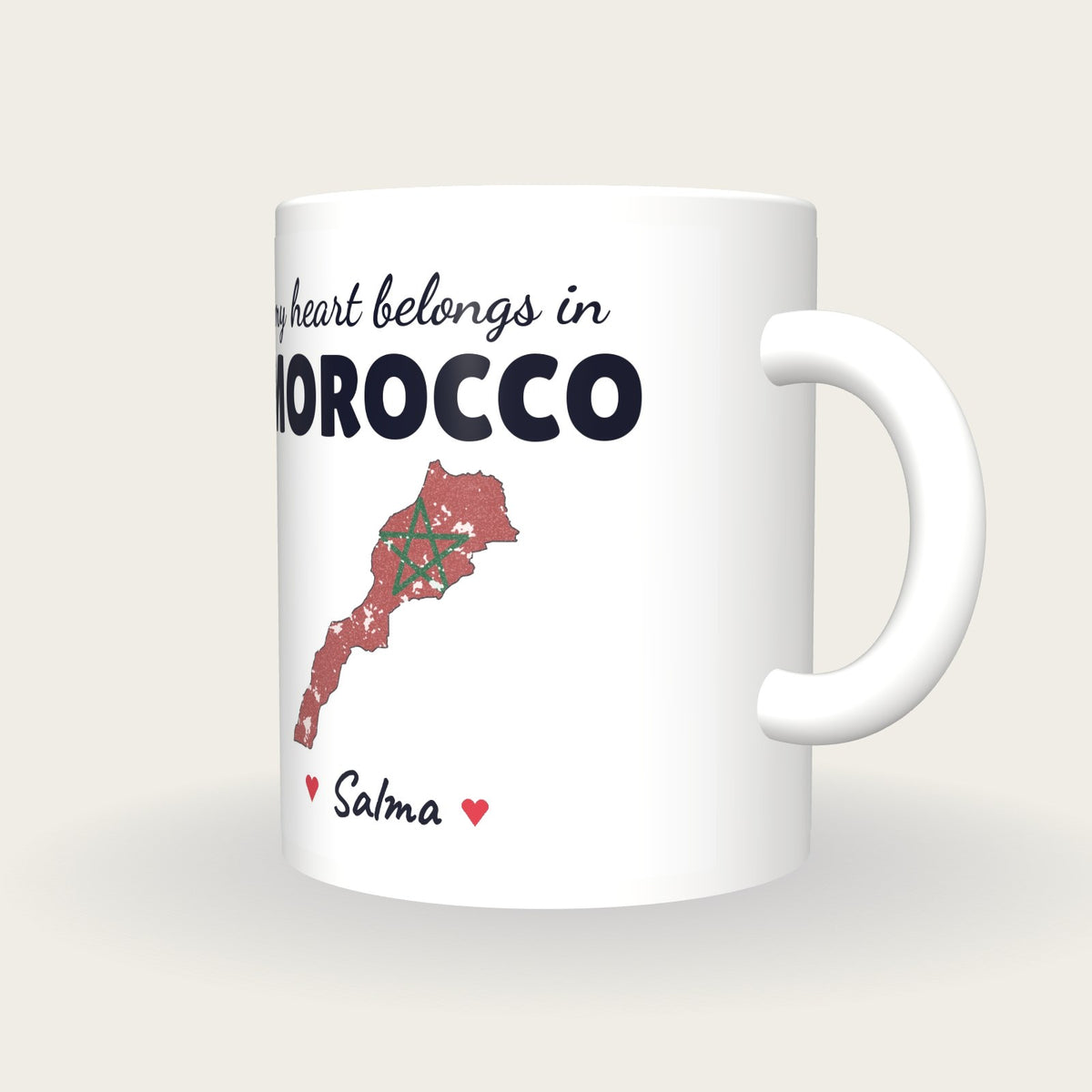 Personalised Morocco Map Mug, My Heart Belongs In Morocco, three-quarter view