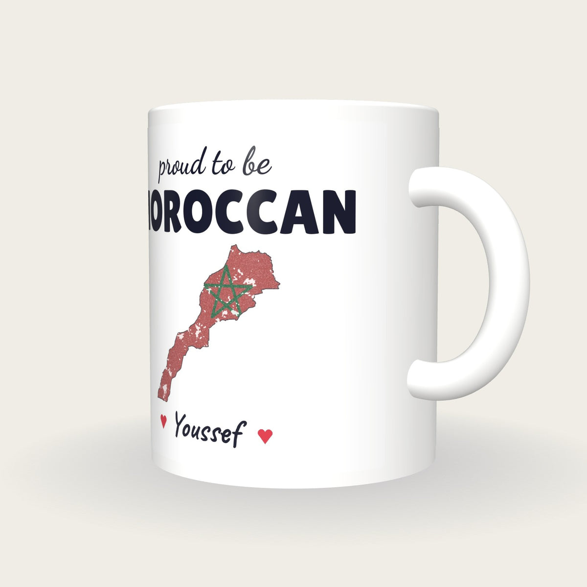 Personalised Morocco Map Mug, Proud To Be Moroccan, three-quarter view