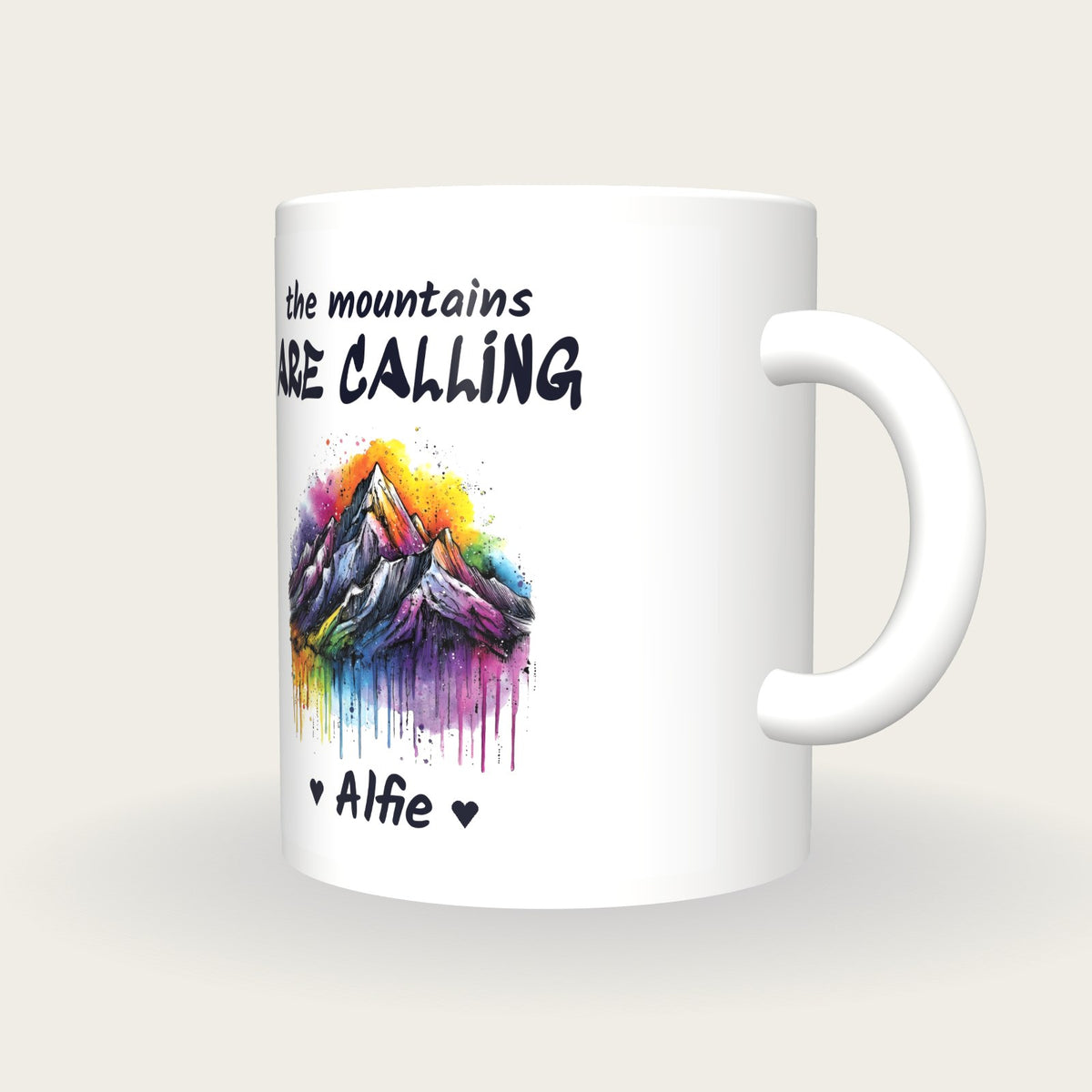 Personalised Mountain Mug, The Mountains Are Calling, three-quarter view