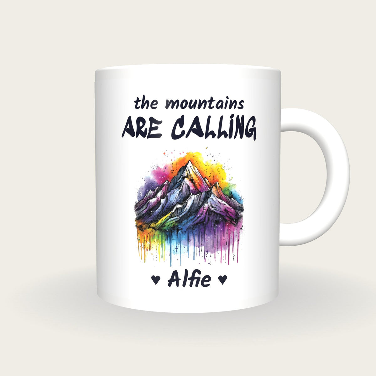 Personalised Mountain Mug, The Mountains Are Calling, front