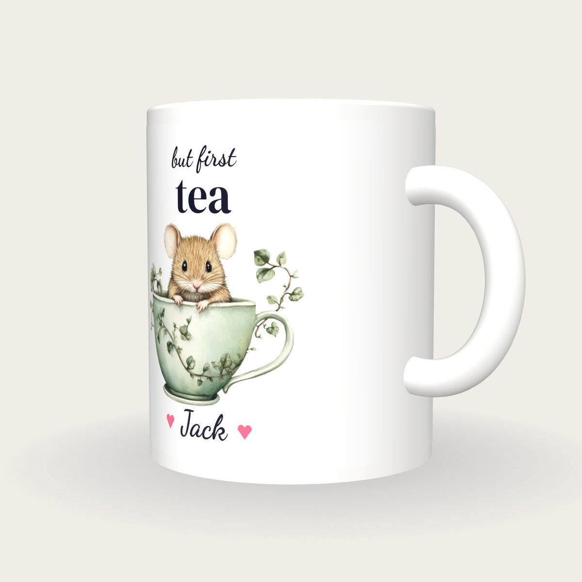 Personalised Mouse Teacup Mug, But First Tea, three-quarter view