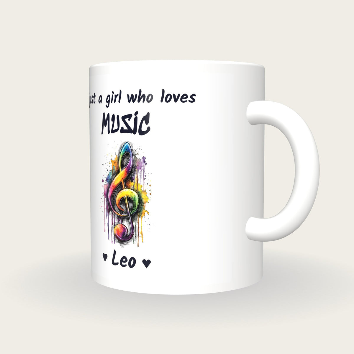Personalised Music Note Mug, Just A Girl Who Loves Music, three-quarter view