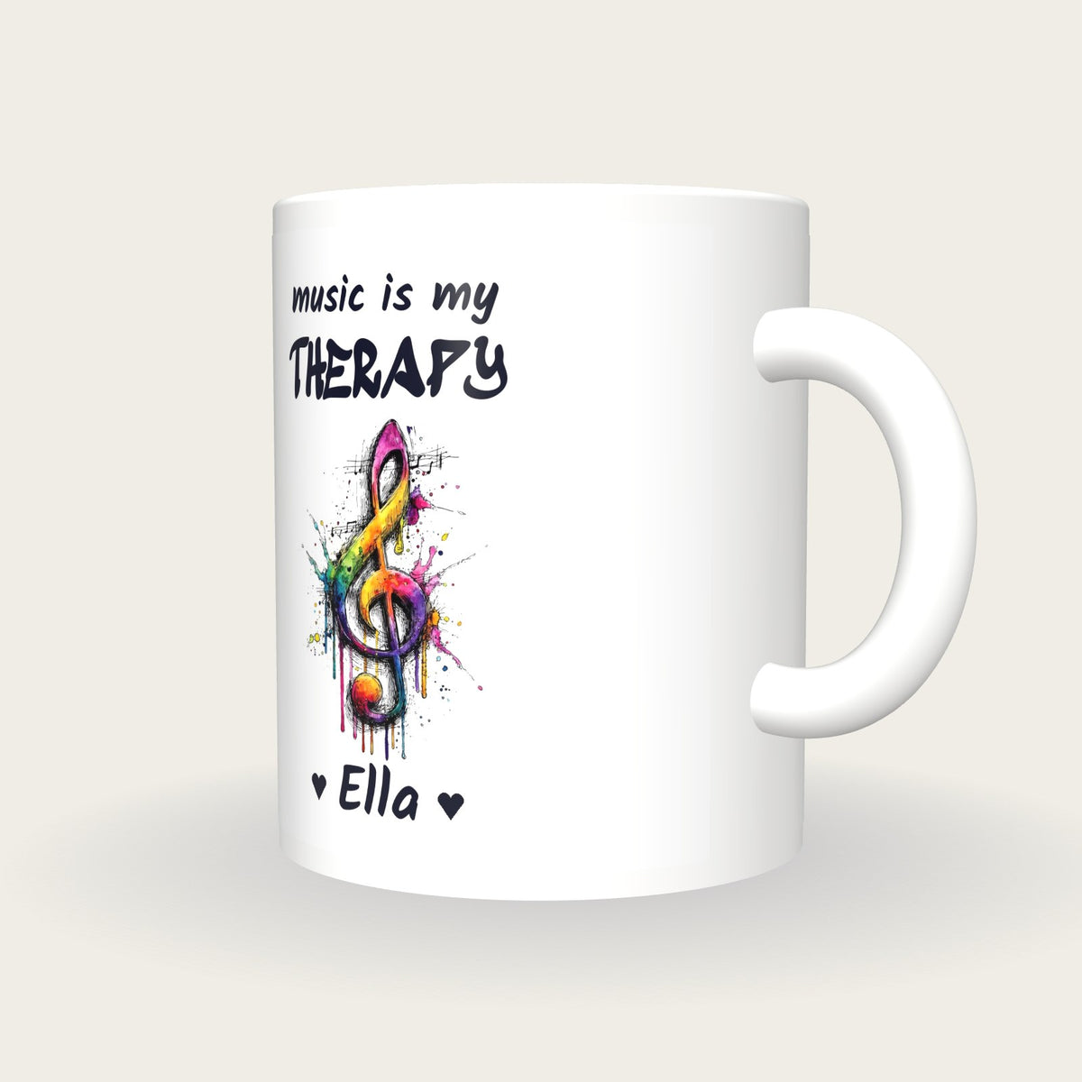 Personalised Music Note Mug, Music Is My Therapy, three-quarter view