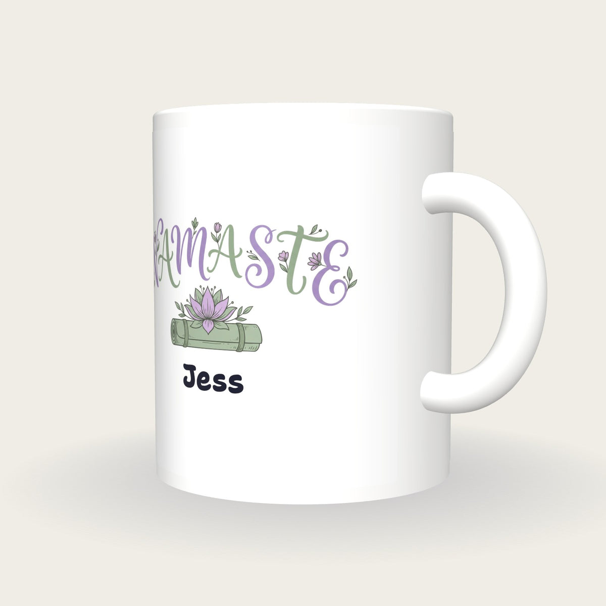 Personalised Namaste Yoga Mug, three-quarter view