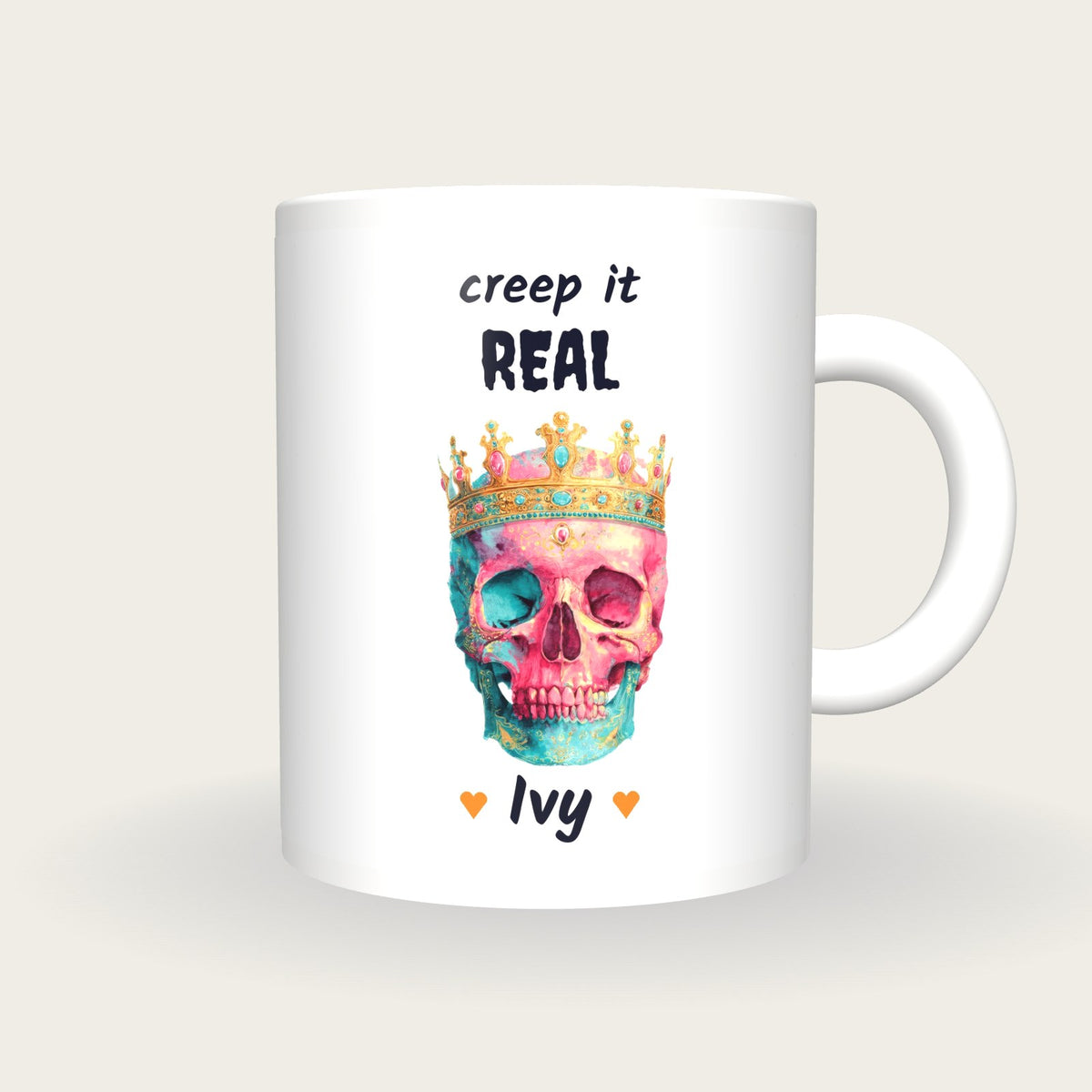 Personalised Neon Crowned Skull Mug, Creep It Real, front