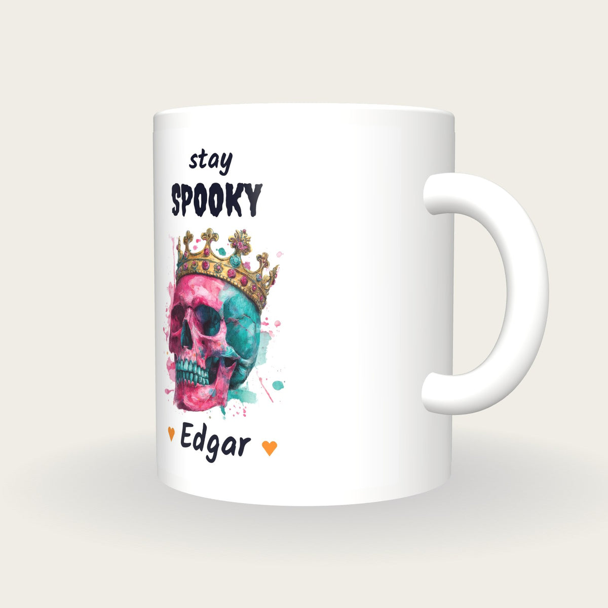 Personalised Neon Crowned Skull Mug, Stay Spooky, three-quarter view