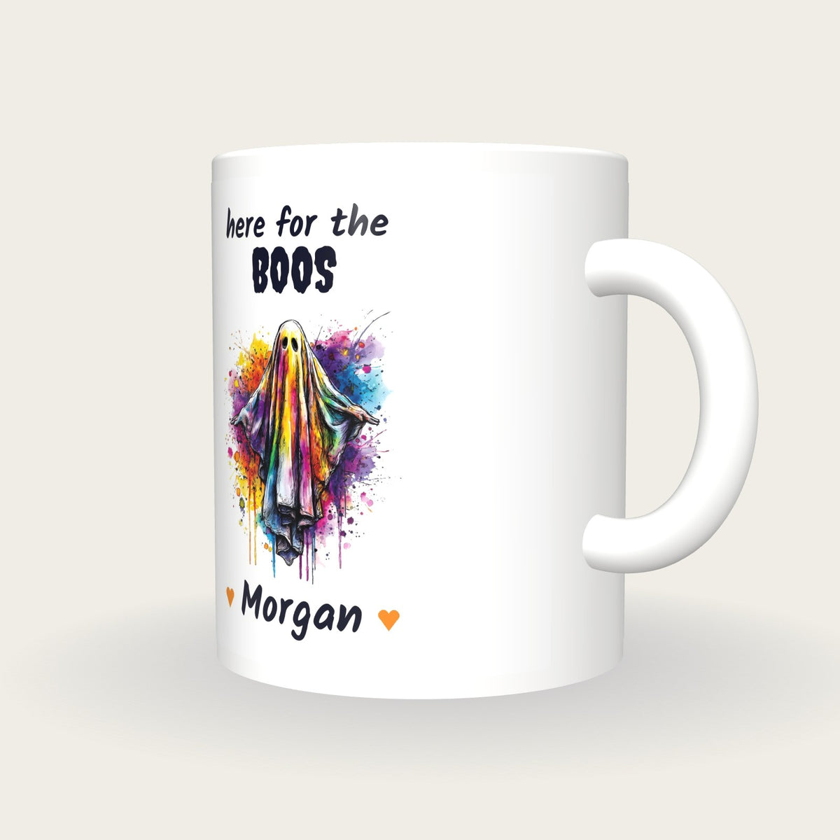 Personalised Neon Ghost Mug, Here For The Boos, three-quarter view
