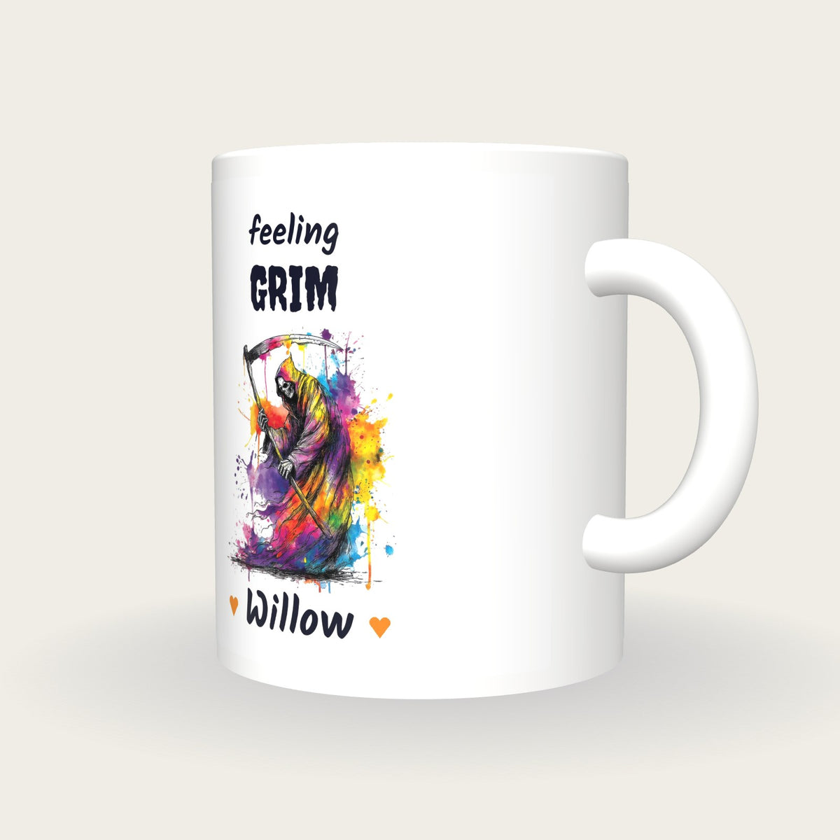 Personalised Neon Grim Reaper Mug, Feeling Grim, three-quarter view