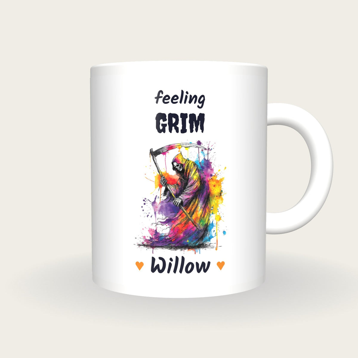 Personalised Neon Grim Reaper Mug, Feeling Grim, front