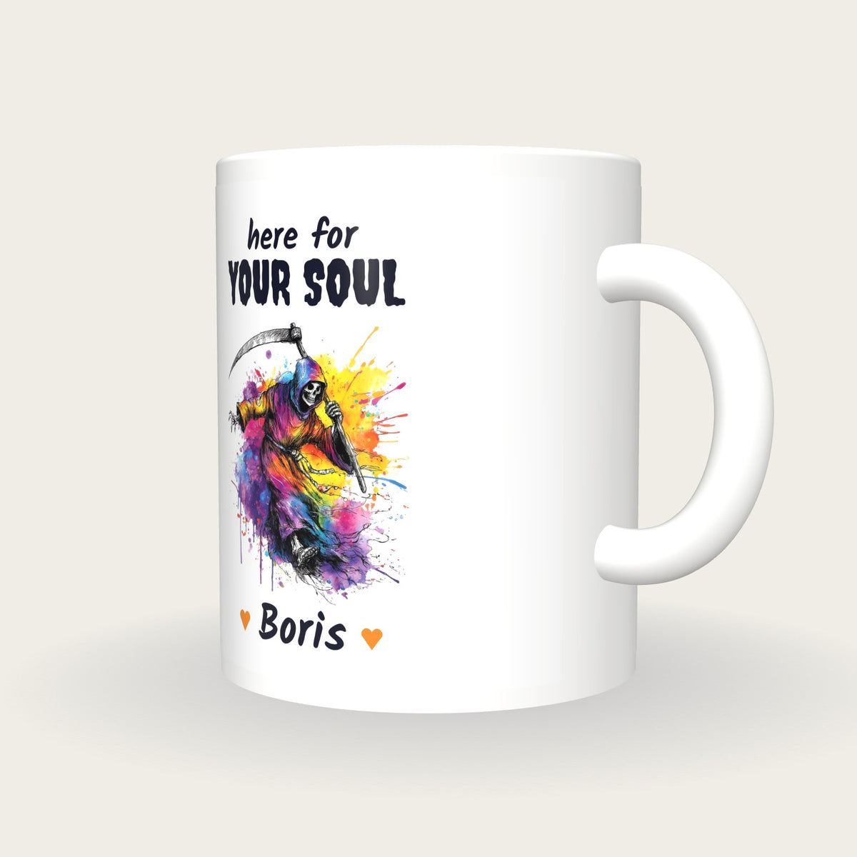 Personalised Neon Grim Reaper Mug, Here For Your Soul, three-quarter view