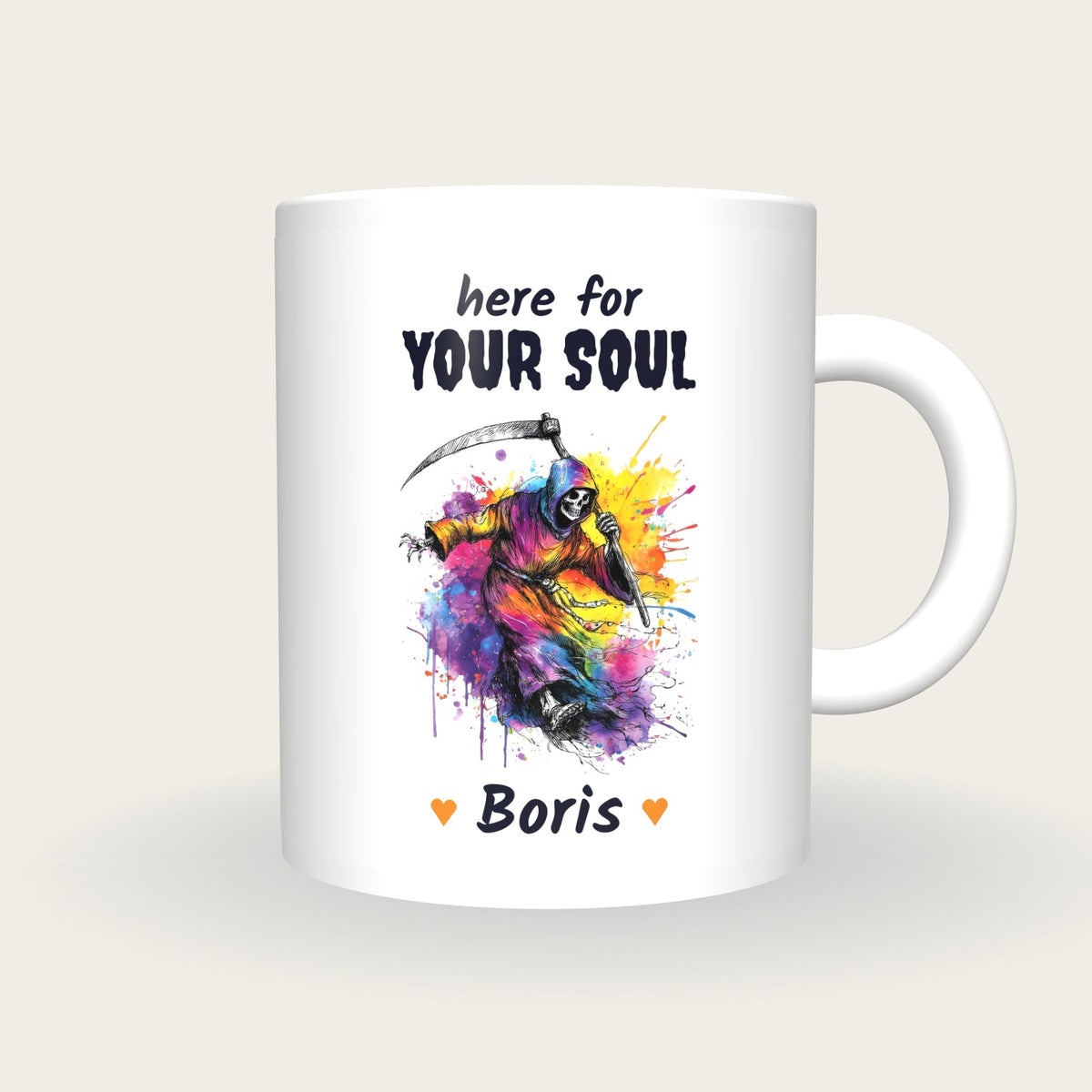 Personalised Neon Grim Reaper Mug, Here For Your Soul, front