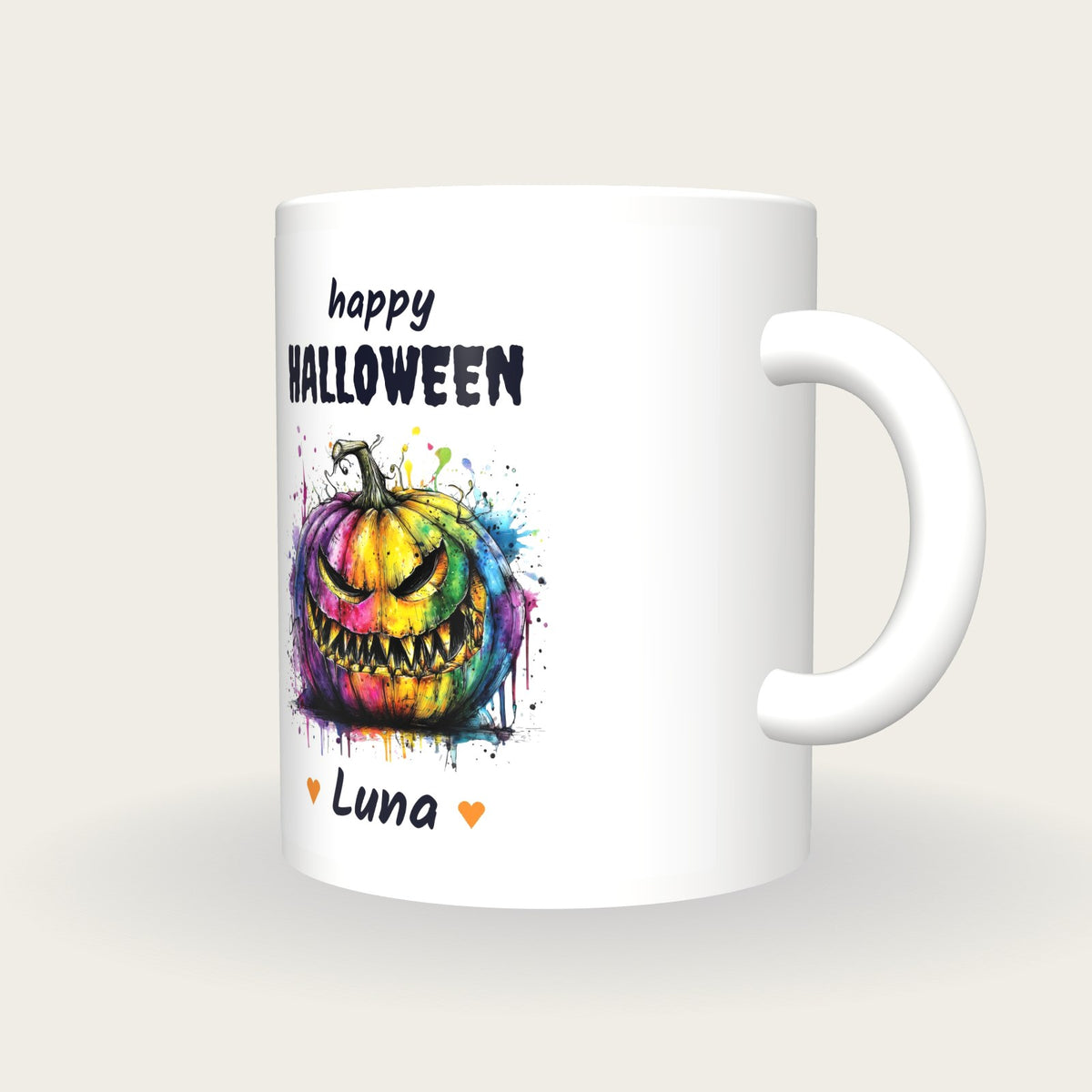 Personalised Neon Pumpkin Mug, Happy Halloween, three-quarter view