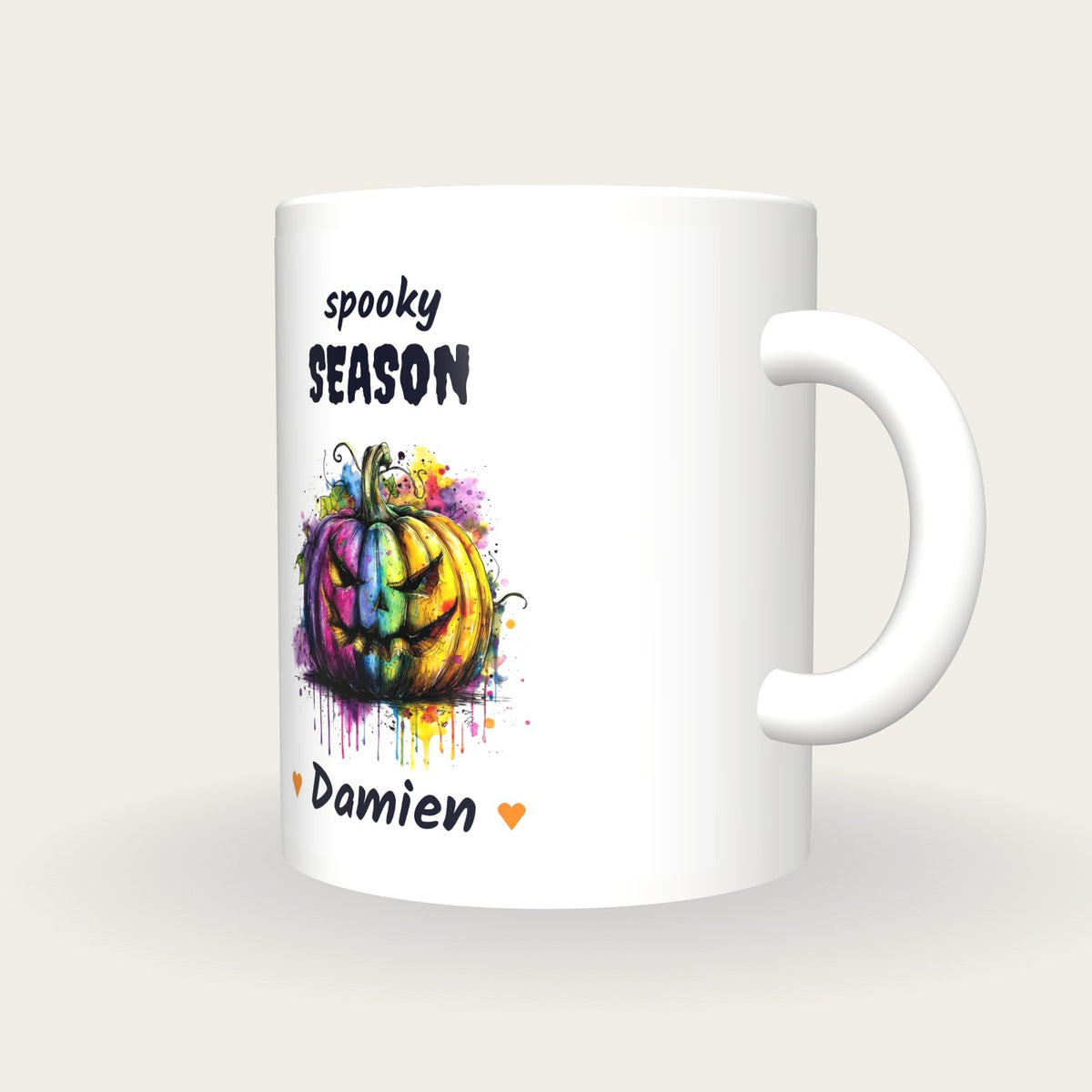 Personalised Neon Pumpkin Mug, Spooky Season, three-quarter view