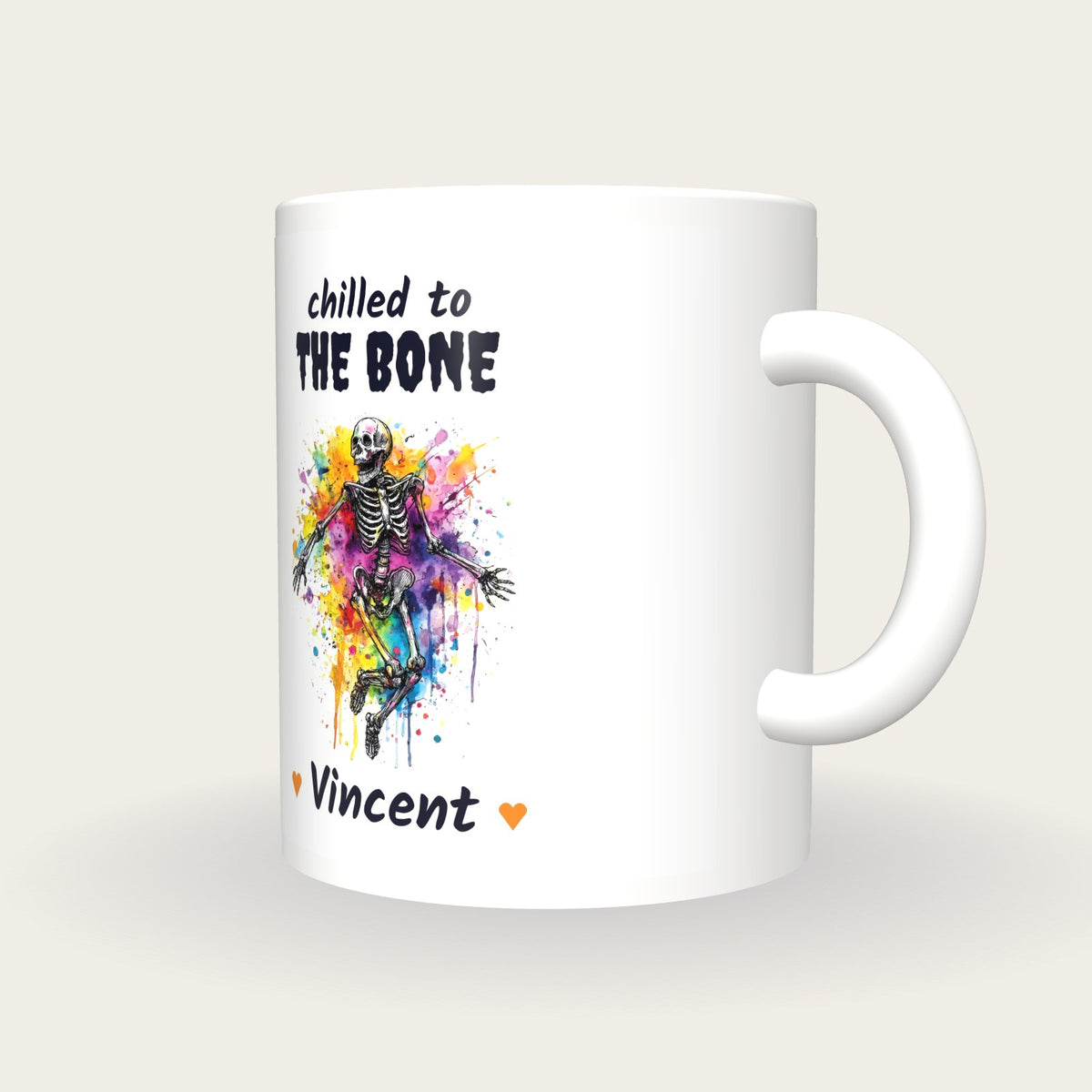 Personalised Neon Skeleton Mug, Chilled To The Bone, three-quarter view