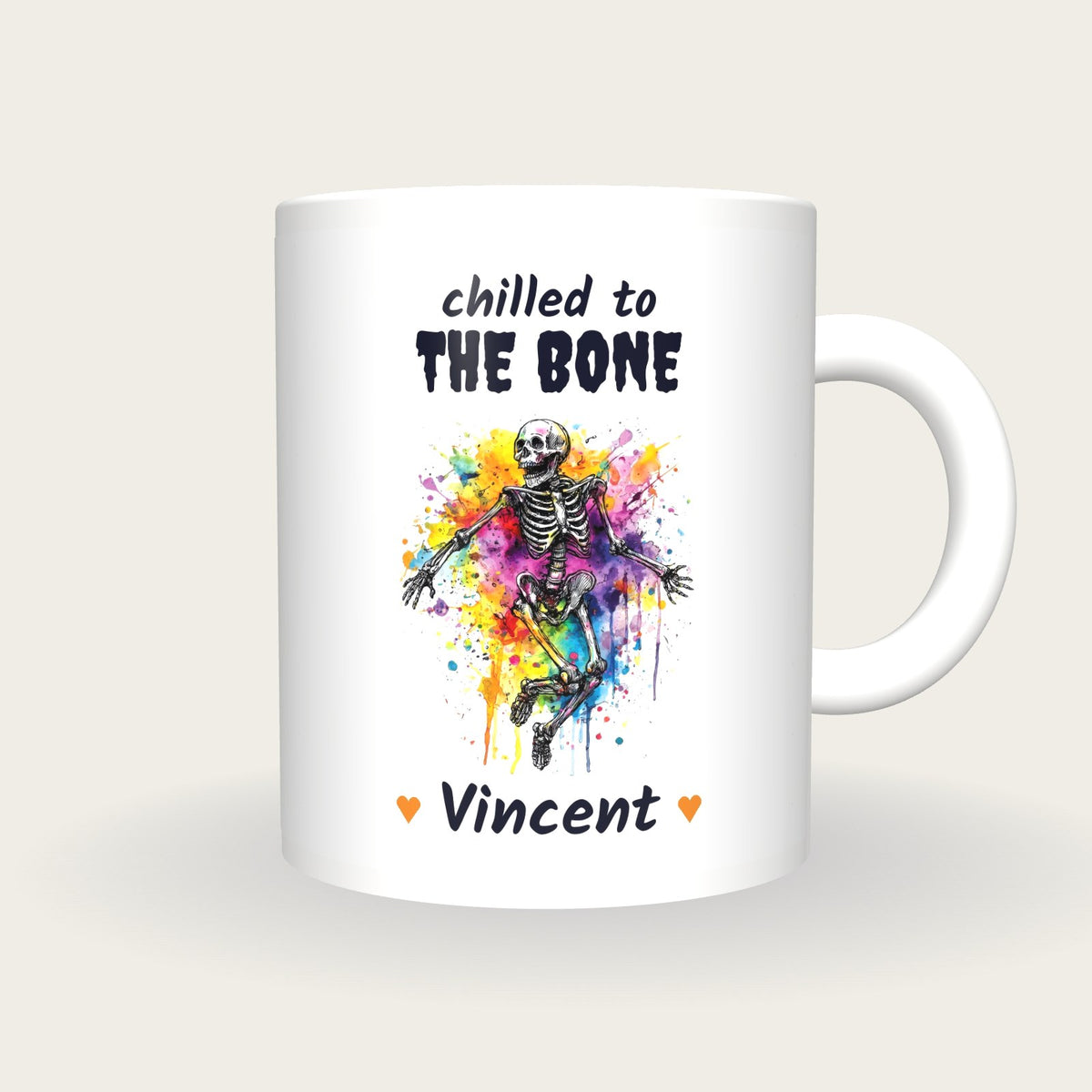 Personalised Neon Skeleton Mug, Chilled To The Bone, front