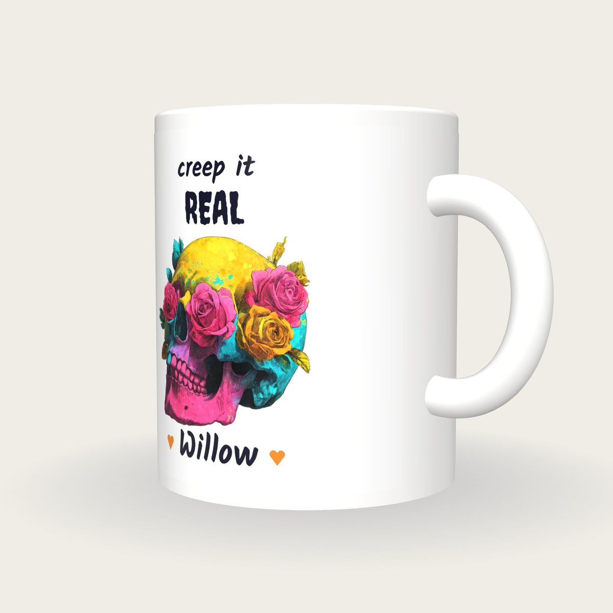Personalised Neon Skull And Roses Mug, Creep It Real, three-quarter view
