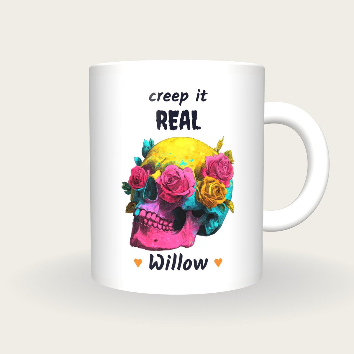 Personalised Neon Skull And Roses Mug, Creep It Real, front