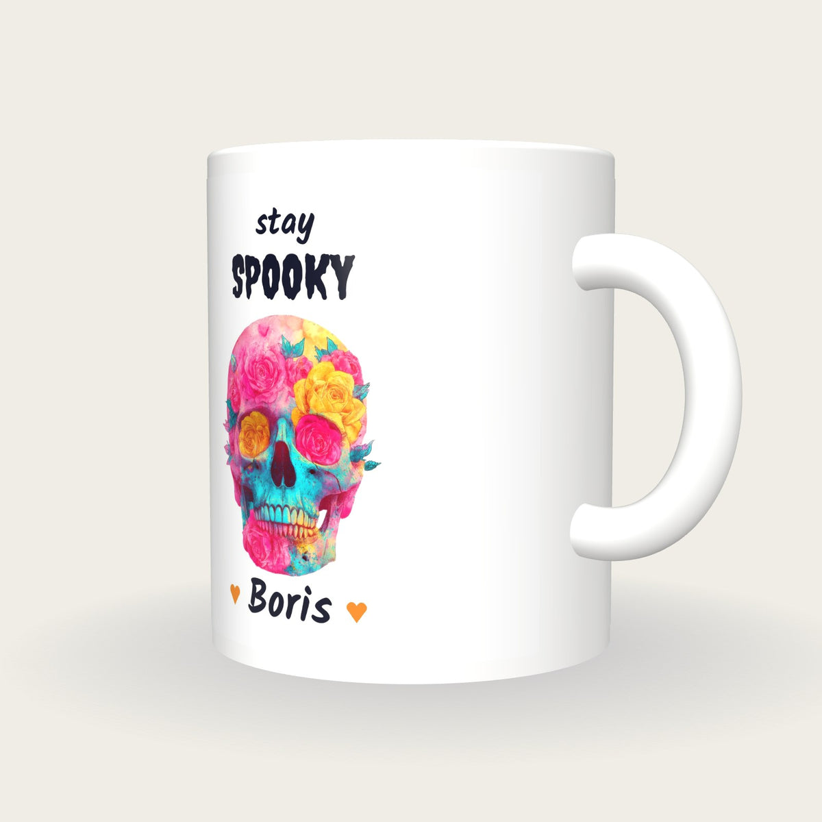 Personalised Neon Skull And Roses Mug, Stay Spooky, three-quarter view