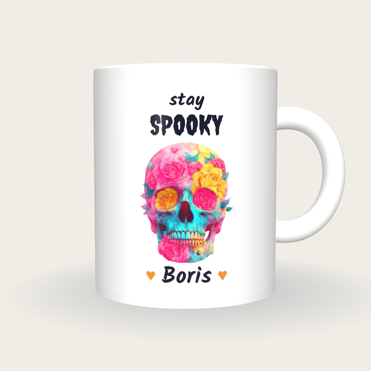 Personalised Neon Skull And Roses Mug, Stay Spooky, front