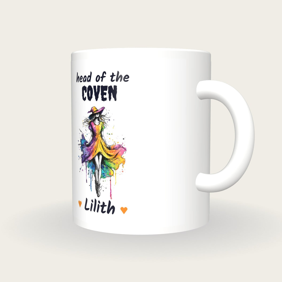 Personalised Neon Witch Mug, Head Of The Coven, three-quarter view