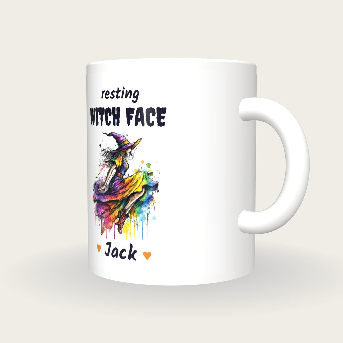 Personalised Neon Witch Mug, Resting Witch Face, three-quarter view