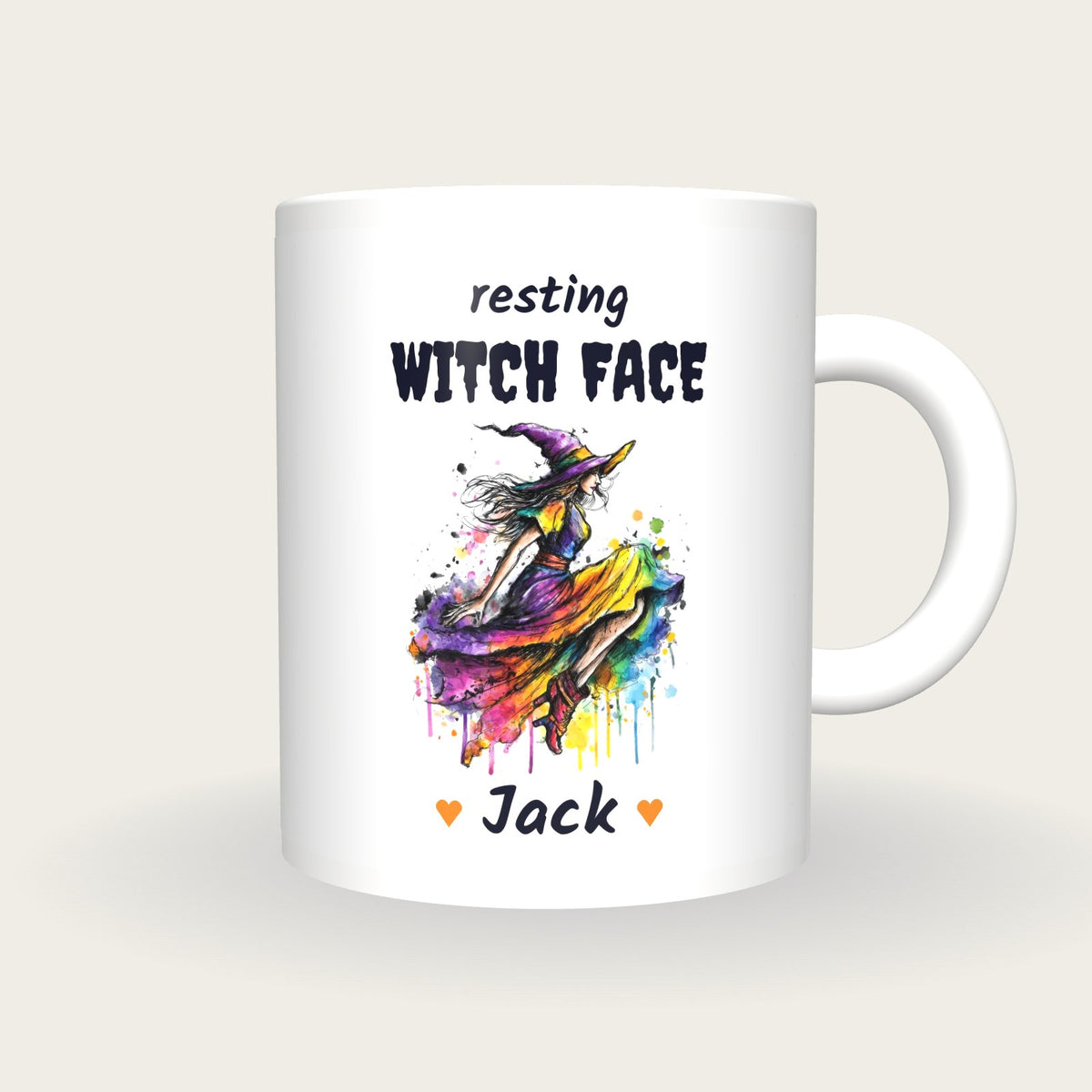 Personalised Neon Witch Mug, Resting Witch Face, front