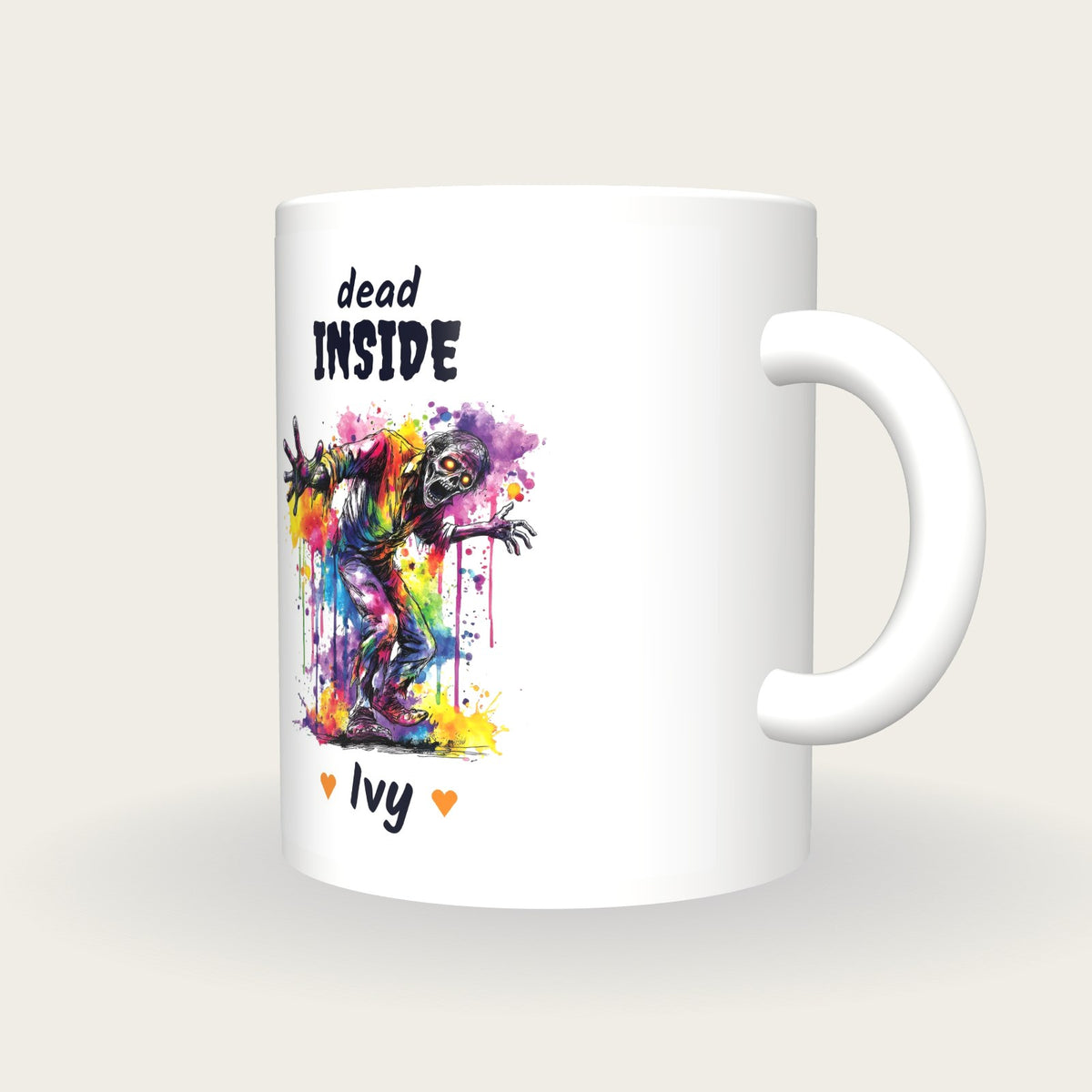 Personalised Neon Zombie Mug, Dead Inside, three-quarter view