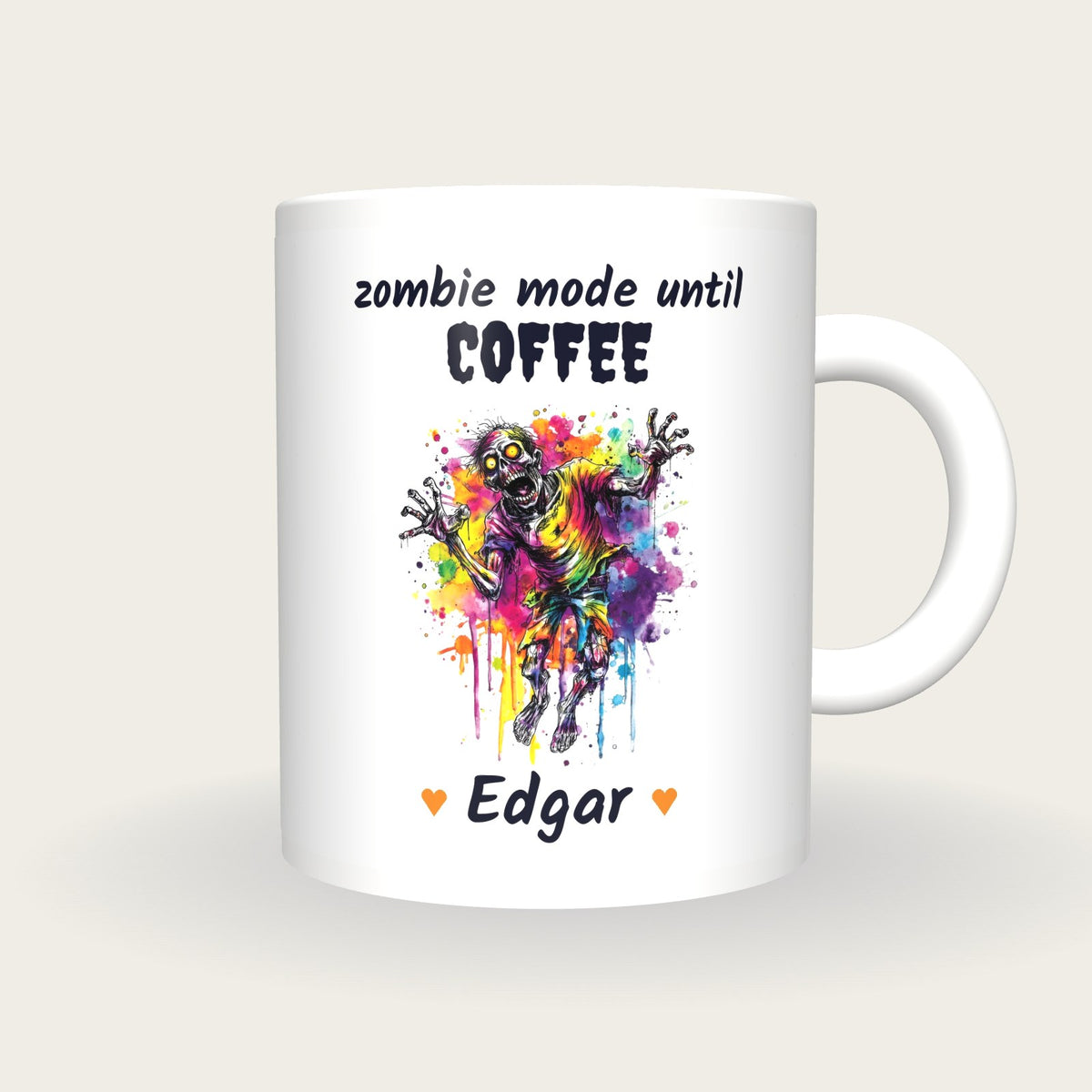 Personalised Neon Zombie Mug, Zombie Mode Until Coffee, front