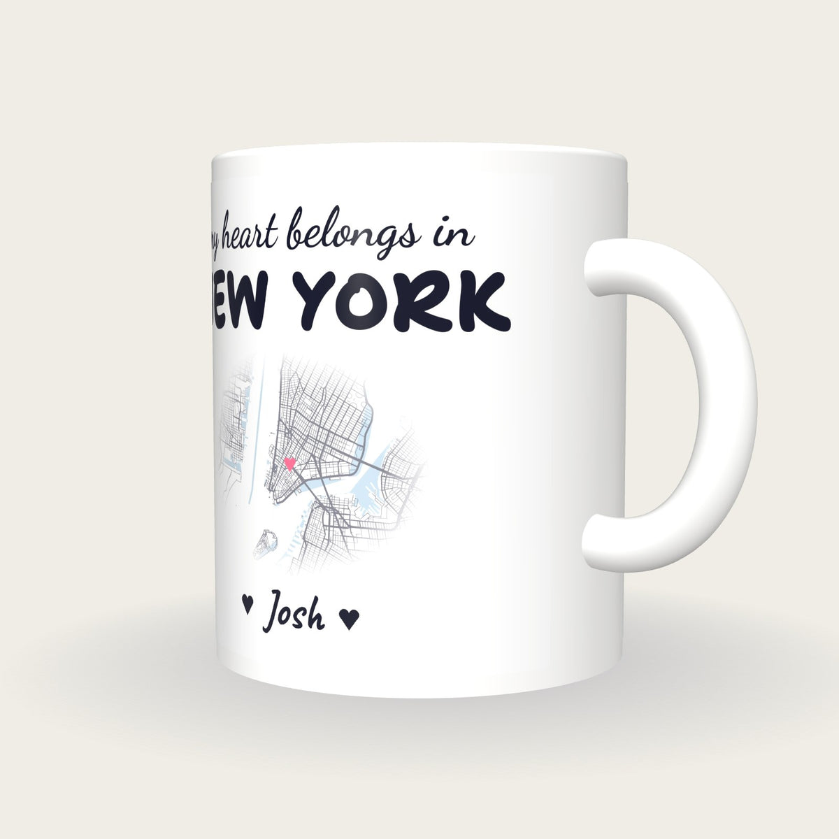 Personalised New York Map Mug, My Heart Belongs In New York, three-quarter view