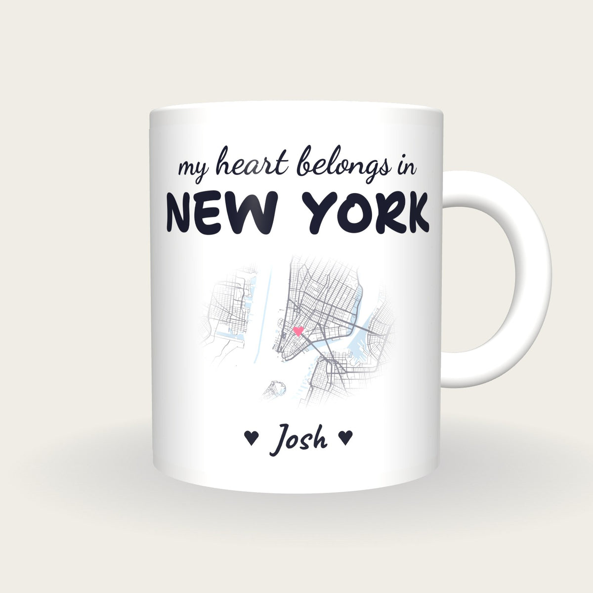 Personalised New York Map Mug, My Heart Belongs In New York, front