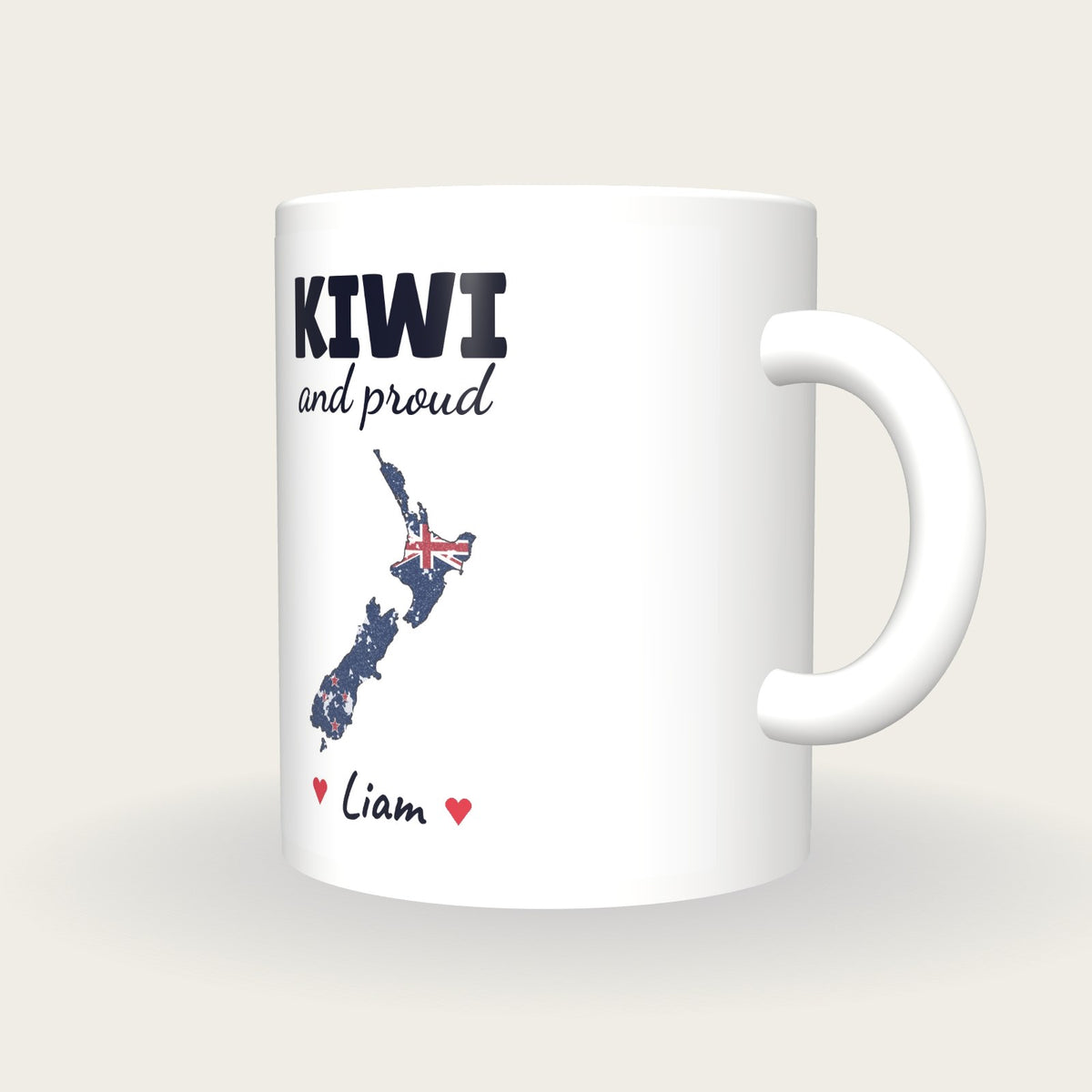 Personalised New Zealand Map Mug, Kiwi And Proud, three-quarter view