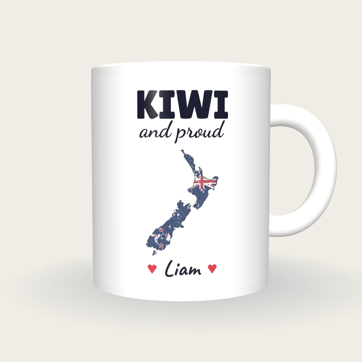 Personalised New Zealand Map Mug, Kiwi And Proud, front