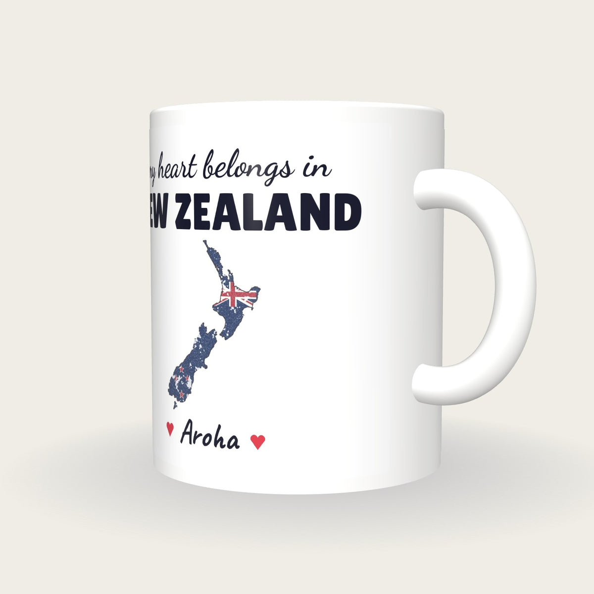 Personalised New Zealand Map Mug, My Heart Belongs In New Zealand, three-quarter view